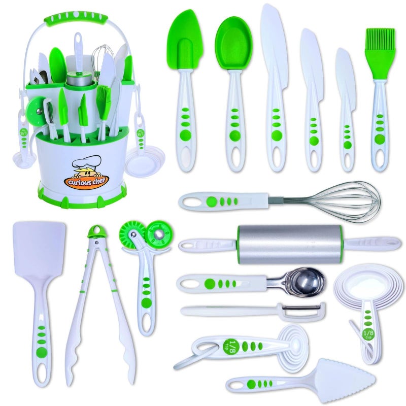 Curious Chef Kids Cooking Utensil Caddy - Durable Dishwasher-Safe & Kid-Safe Utensils - Real Baking Supplies & Kitchen Tools for Budding Chefs - Complete Cooking Tool Set - White/Green, 30 Piece Set - Image 1